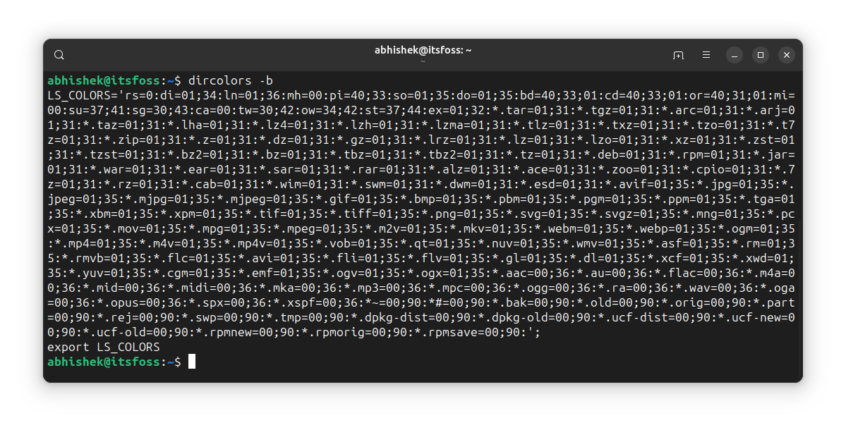dircolors command output for bash