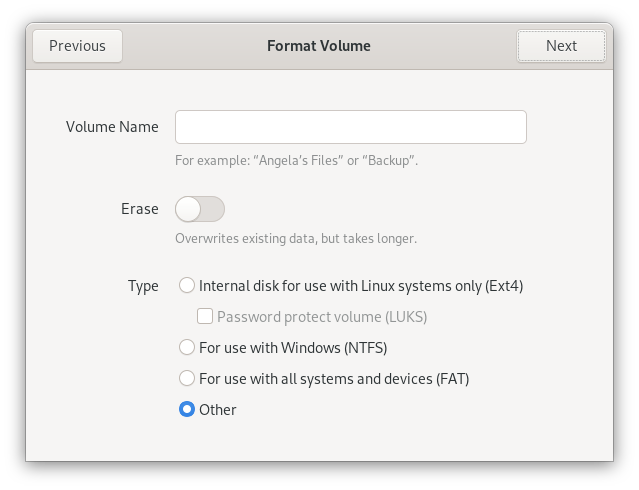 Selecting “other” for partition volume type