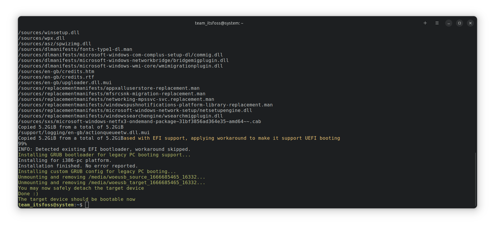 woeusb commandline success message