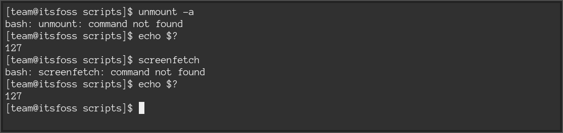 Unmount is not a command, and Screenfetch is not installed, which resulted in code 127