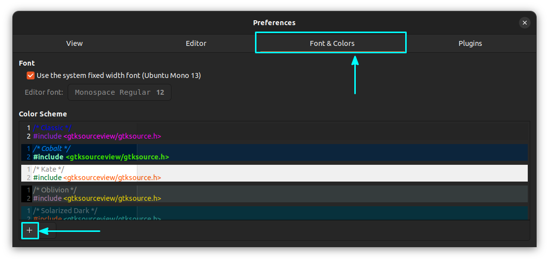 Click on the “+” sign on Fonts & Colors page for adding individual XML files