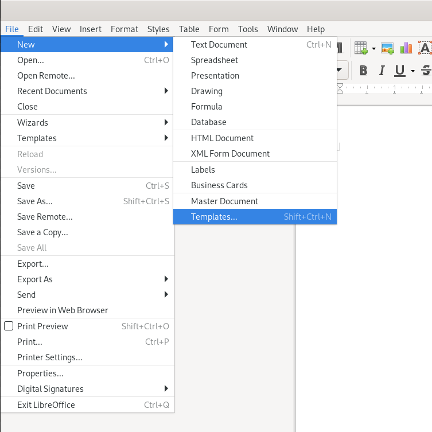 Open templates from the File menu