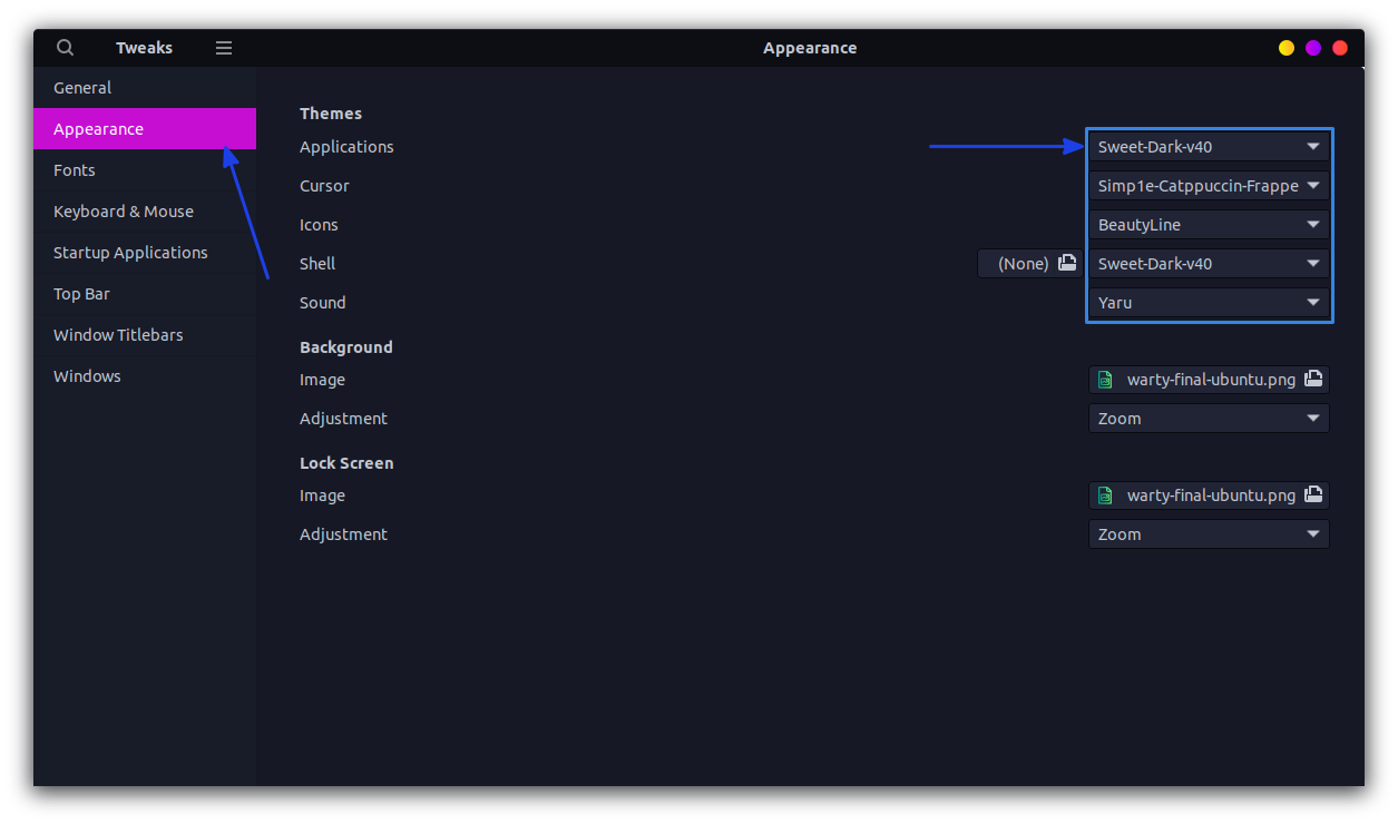 set themes with gnome tweaks